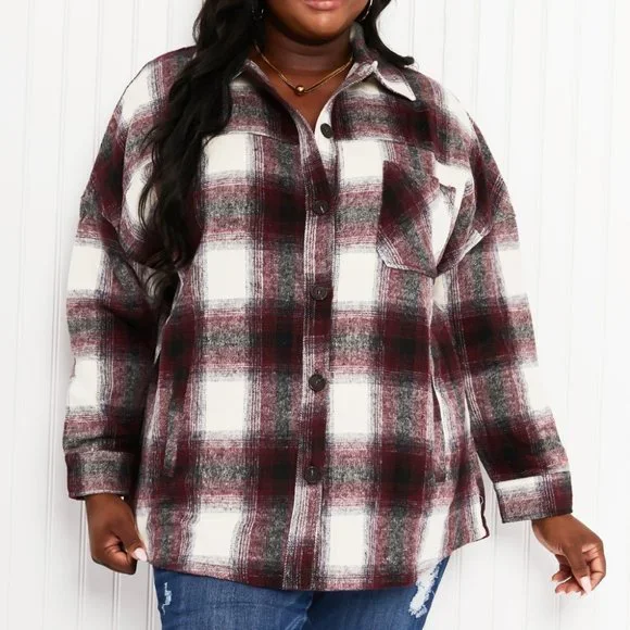 Zenana Autumn Evening Full Size Plaid Longline Shacket in Burgundy - Picture 1 of 9